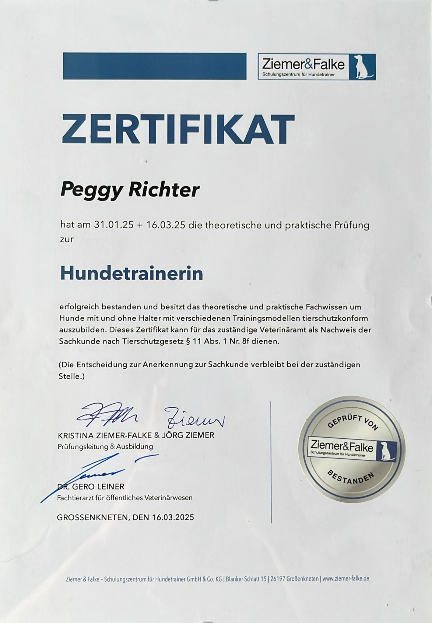 Zertifikat Hundetrainerin